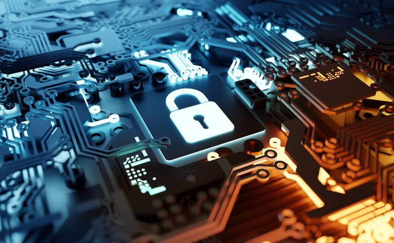 Digital cloud and network security. 3D computer hardware illustration.